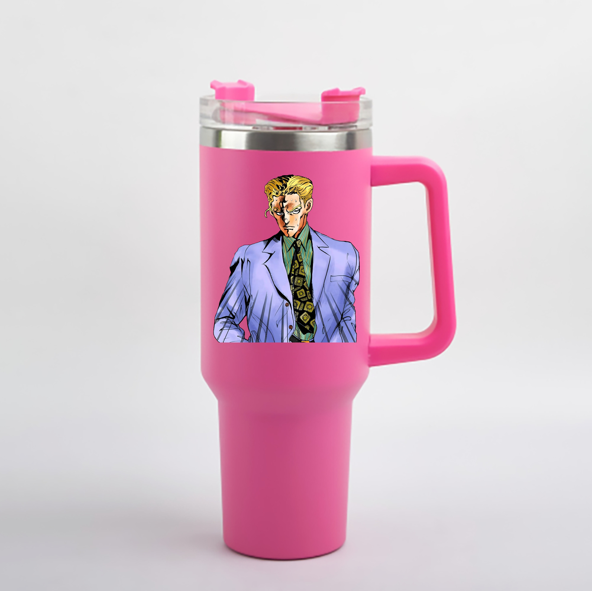 （画像用） ジョジョの奇妙な冒険 きら よしかげ JoJo's Bizarre Adventure Kira Yoshikage 1200mL車用タンブラー - クリスタルステッカー（プラスチックストロー付き）